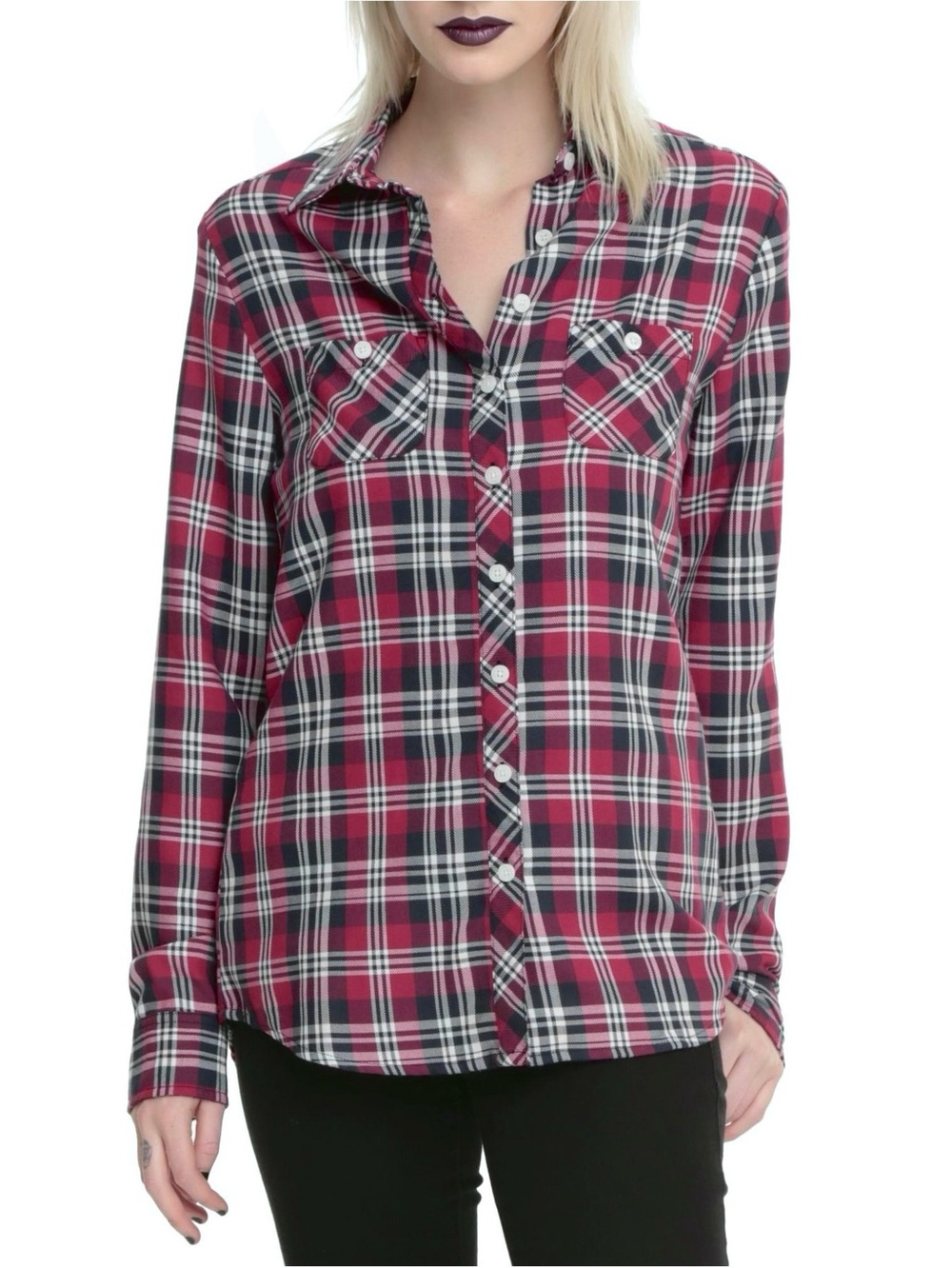 Hot Topic Plaid Button Up Shirt Long Sleeve Burgundy Red NWOT
